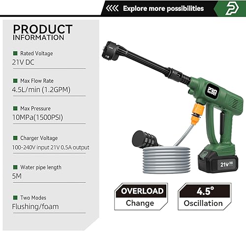 Miniatura 2 de Prostormer Lavadora a presión inalámbrica de 1500 PSI, pistola de agua portátil de mano con 2 baterías de 3.0 Ah y cargador, boquilla 6 en 1 para