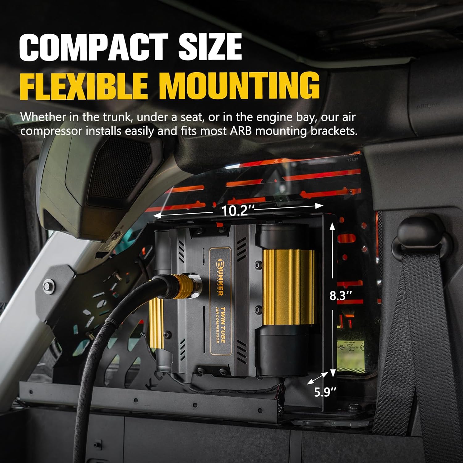 BUNKER INDUST 12V Twin Motor Air Compressor Offroad On-Board Air Pump Tire Inflator with Pressure Gauge Max 150 PSI for 4x4 Vehicle Tires