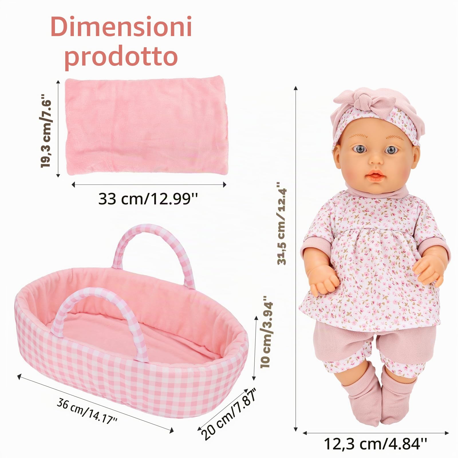 Miunana 1 Bambola Bambolotto New Born 30 CM 12 Pollici + Accessori | Bambola + Cappello + Vestito + Calze + Tasca + Pantaloncino + Bambola Calmante + Coperta + Cesto Da Letto + 4 Accessori