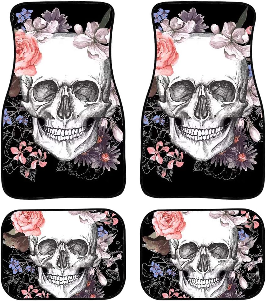 Sugar Skull Printed Car Floor Mats Custom Personlized All Weather Universal Front & Rear Floor Mats for Automotive, Truck, SUV & Van