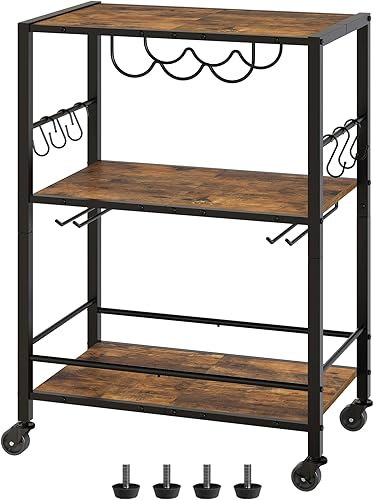 YATINEY Carrito de bar dorado, carrito de servicio de 3 niveles, carrito de cocina con estante para vino y portavasos, carrito de bebidas, carrito