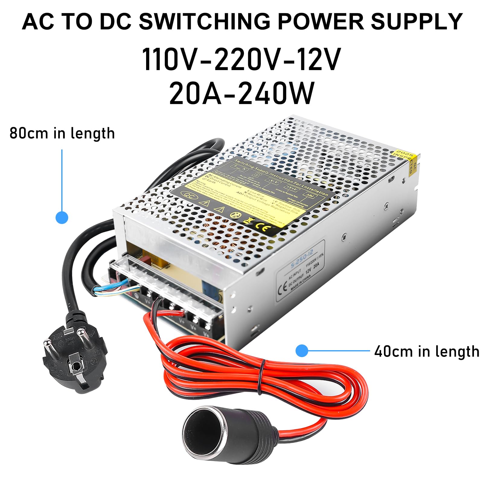 Zasilacz impulsowy 12 V, 20 A, 240 W, adapter sieciowy do samochodu, transformator napięcia AC 240 V na DC 12 V, zasilacz sieciowy, odpowiedni do taśm LED, CCTV, radia, aparatów, instrumentów
