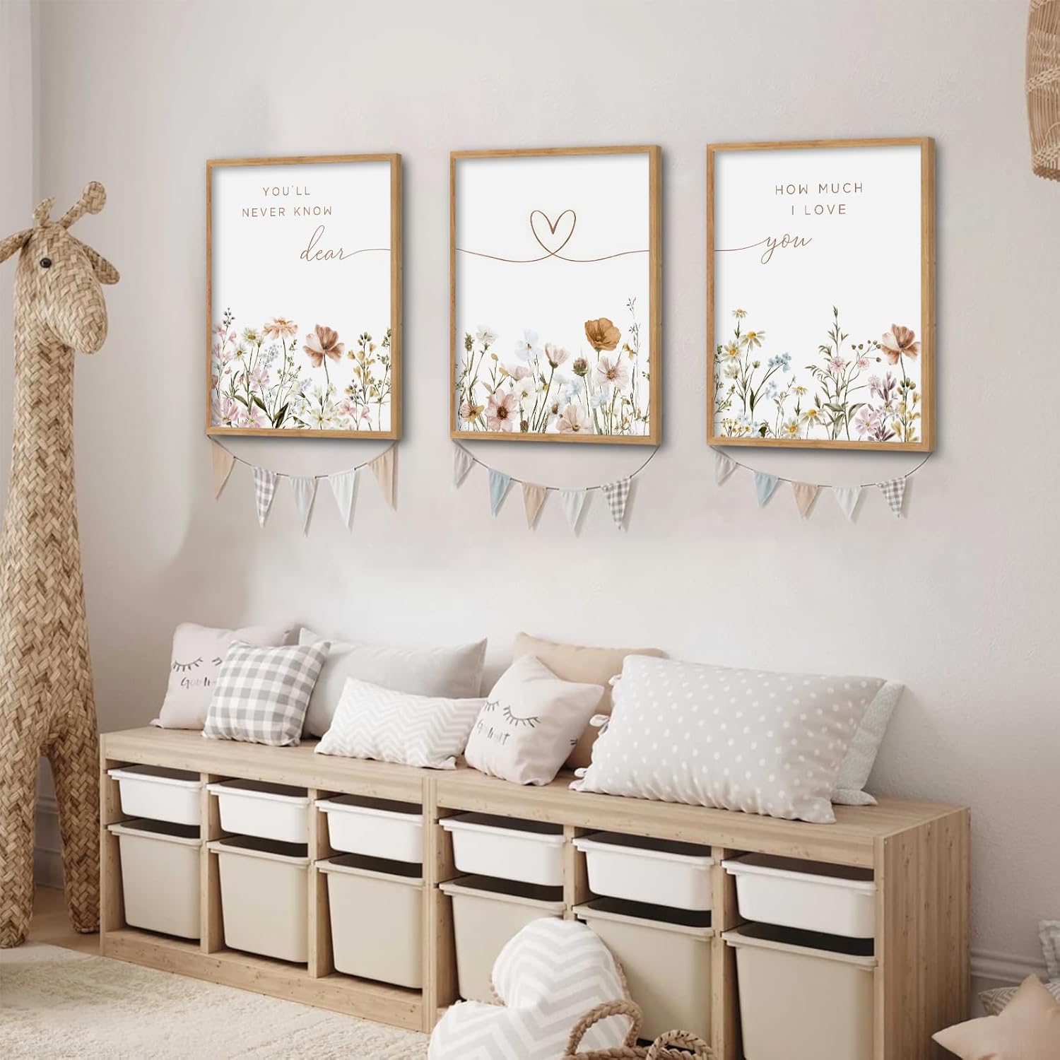 3Pcs Framed Boho Nursery Wall Art Flower Botanical Sentence Painting Picture Wall Decor Wildflower Children's Room Poster Print Artwork for Nursery Baby Room Living Room Bedroom Home Decoration