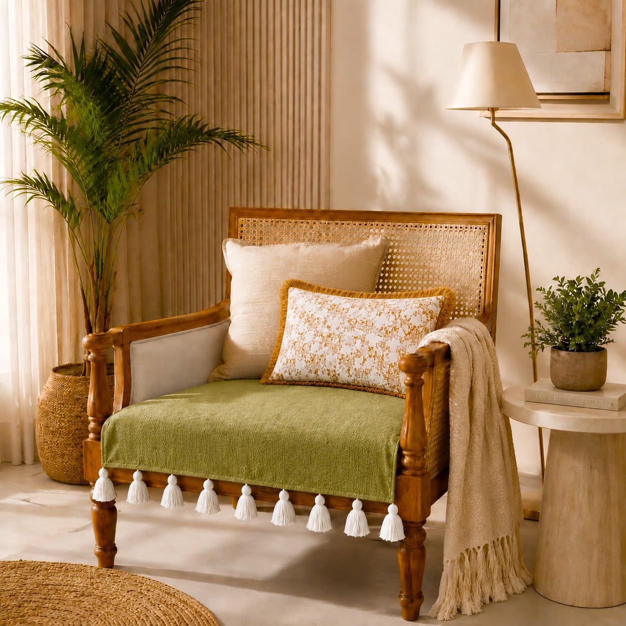 Olive Green Sofa Cover With Tassels for Wooden Single Seater | 1-Piece Sofa Throw for Living Room | Fits Wing Chair, Dining Chair Runner | Decorative Sofa Seat Cover | Stylish Slipcover-picture-29
