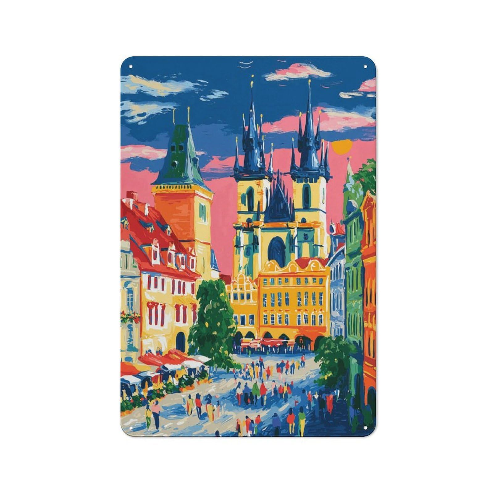Junmoney Style-12 Bistro Style Bistro Metal Sign 30X20cm Featuring Prague Cityscape Painting, Shop Wall Decor For Takeaway, Bar, Kitchen Or Counter Area