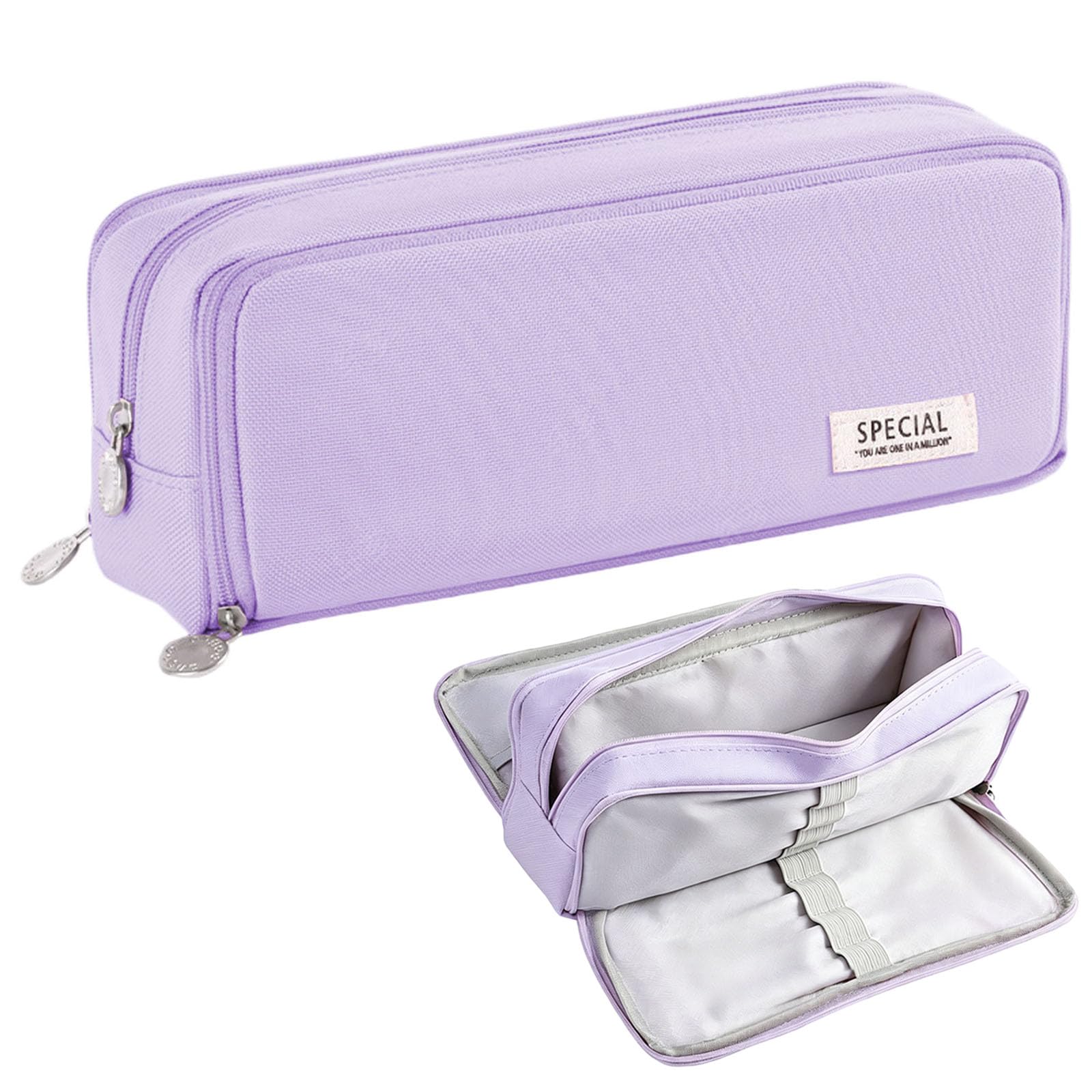 DOINEUFL Pencil Case, Large Capacity Black Canvas Pouch with 3 Compartments, Stationery Storage Bag for Girls Boys (Purple)