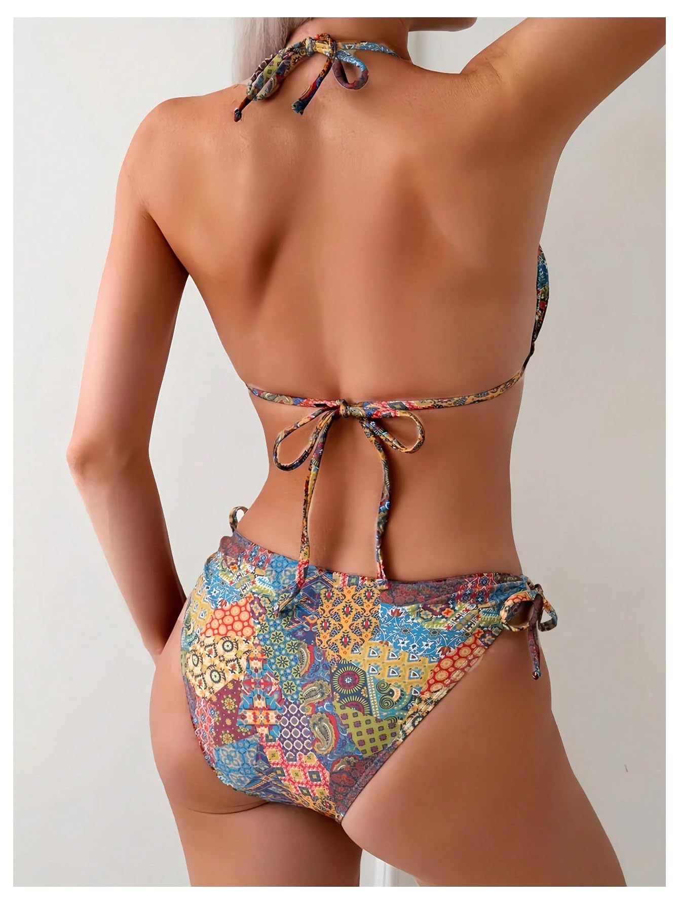 Damskie 2 Szt. Boho Kwiatowy Zestaw Bikini Wiązany Na Szyi Trójkątny Strój Kąpielowy Sznurek Z Przodu Stringi Kostium Wielokolorowy Mały