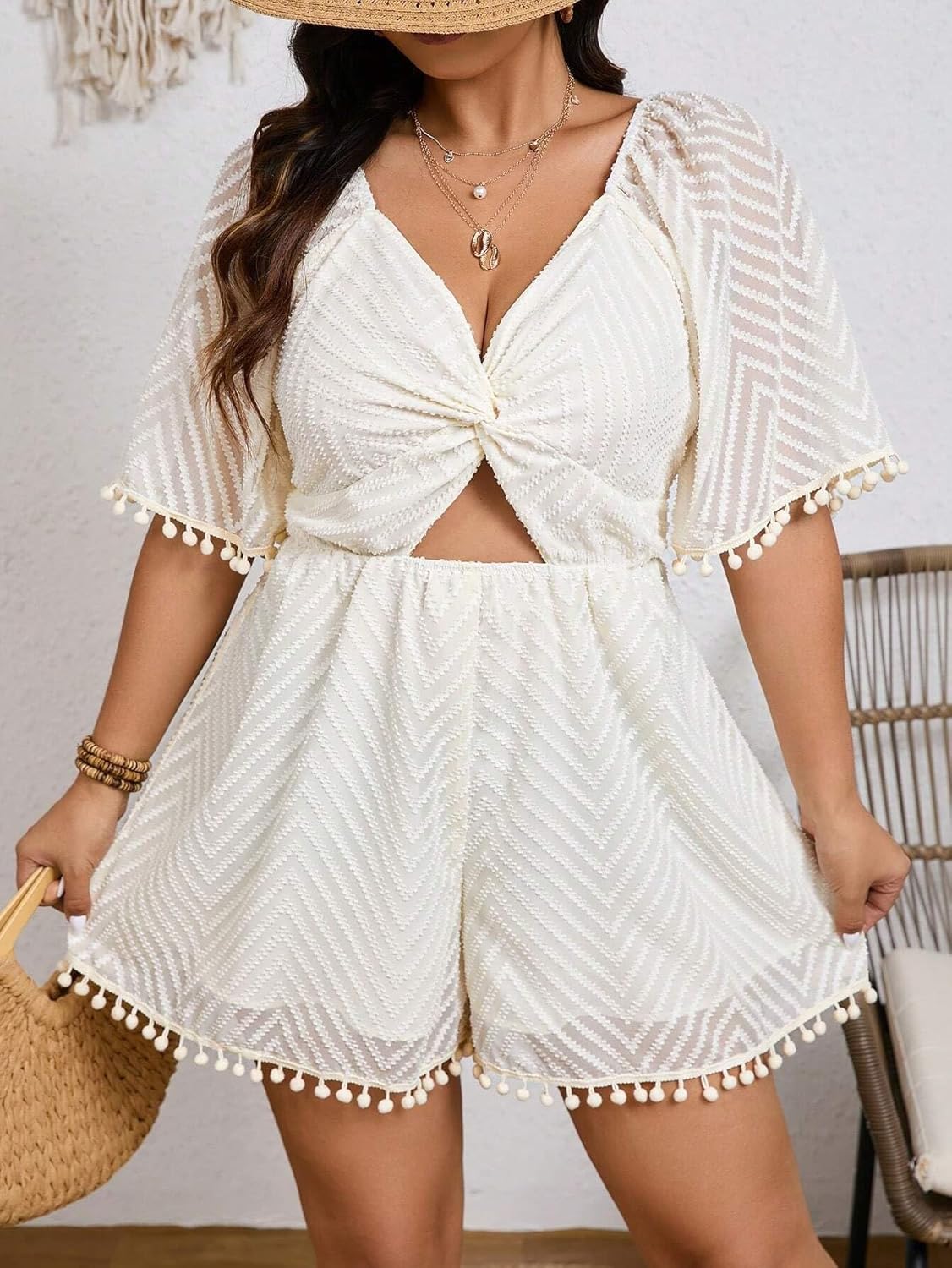 Rompers for Women Summer 2026 Plus Size V-Neck Hollow Out Front Short Sleeve Jumpsuit For Summer