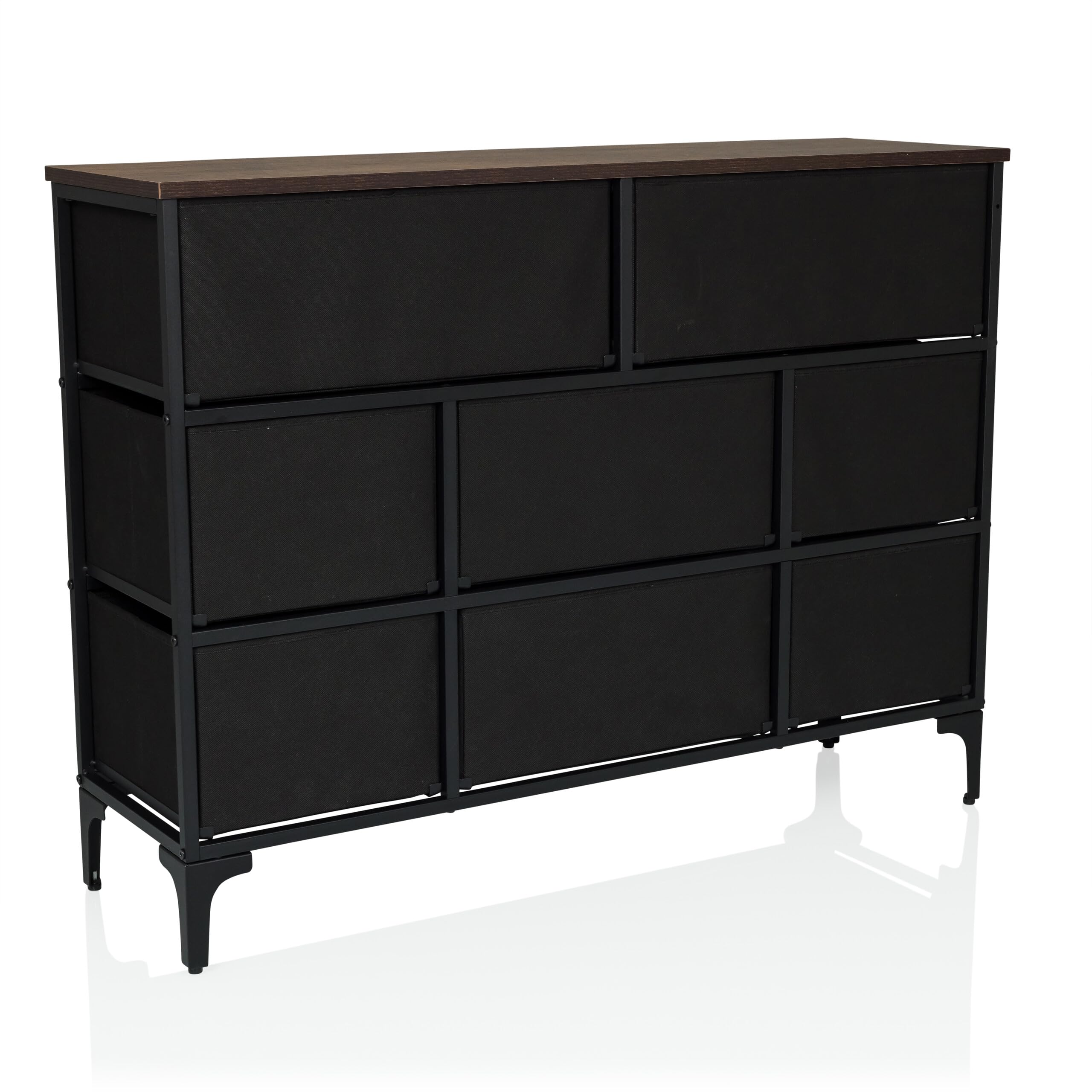 Kommode mit 8 Schubladen aus Vlies AMERIKO B 102,5x30x77,5 cm Schubladenschrank im Vintage-Look mit Motiven, Metall-Gestell