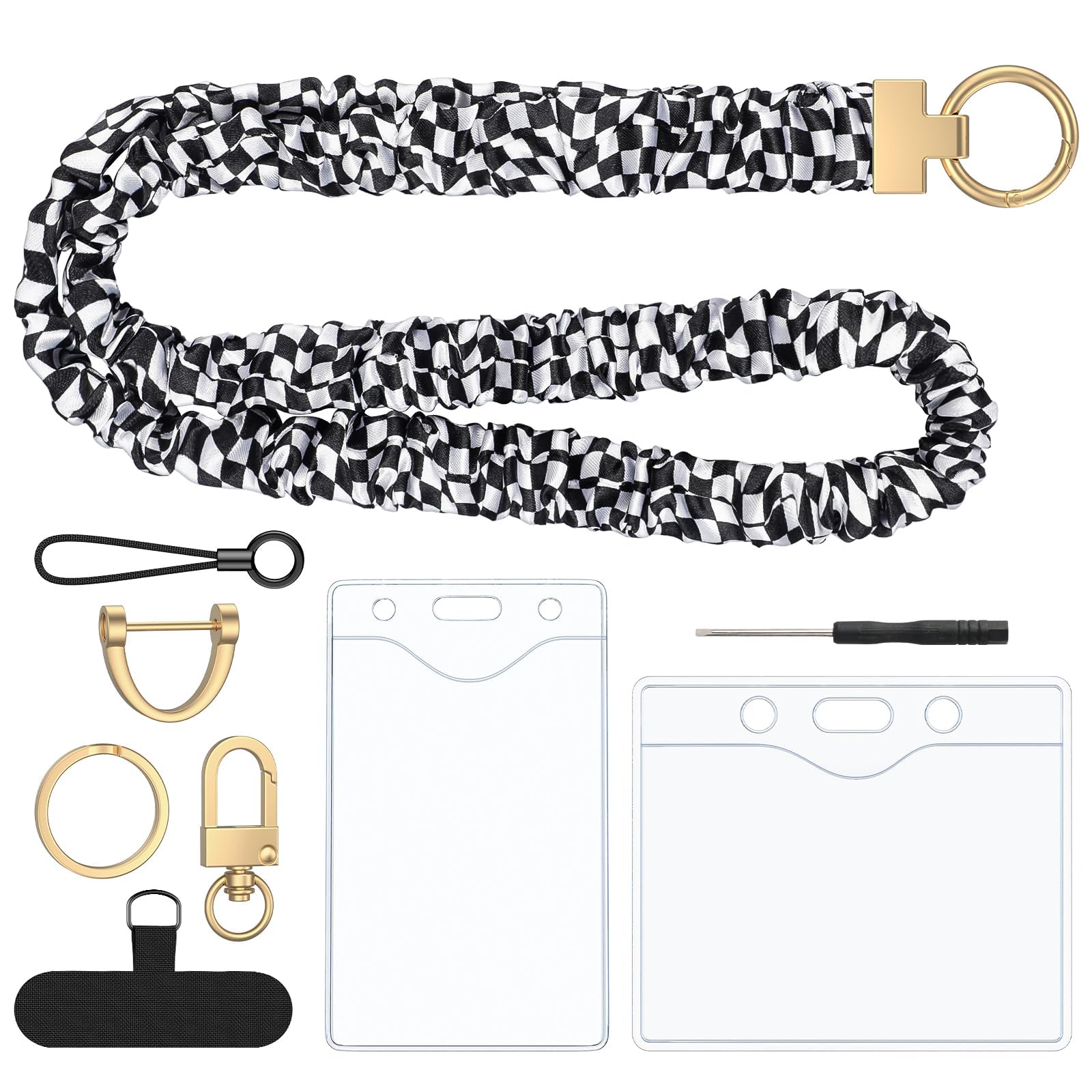 Uniclife Scrunchie Lanyard, Cute Lanyards for ID Badges, Teacher Lanyard with ID Holder, Stretchy Lanyards for Women, Badge Holder for Keys, Black & White Checkered Keychain Neck Strap