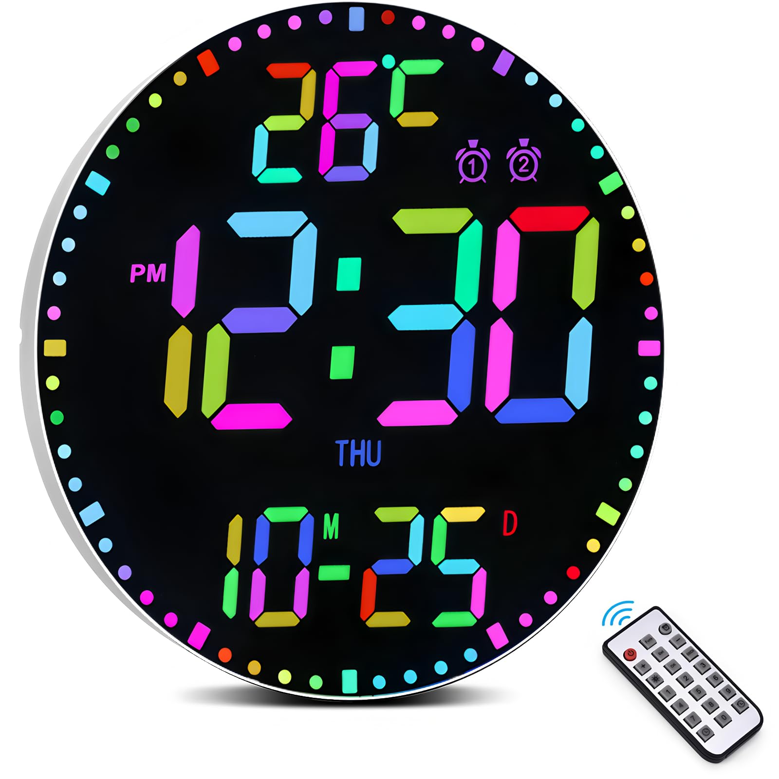 30,5 cm große digitale Wanduhr mit Fernbedienung, 12 RGB-Farben, automatisches Dimmen, Dual-Alarm, Temperaturdatum, Sommerzeit, LED-Wanduhr für Wohnzimmer, Büro, Fitnessstudio, Klassenzimmer