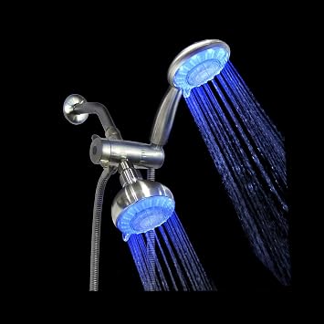 4 Inch 5 Multi-Function Blue LED Light Dual Shower Head Combo Shower System with Brass Connector & 5 ft (60") Stainless Steel Shower Hose in Brushed Nickel (LSS5430CBN)