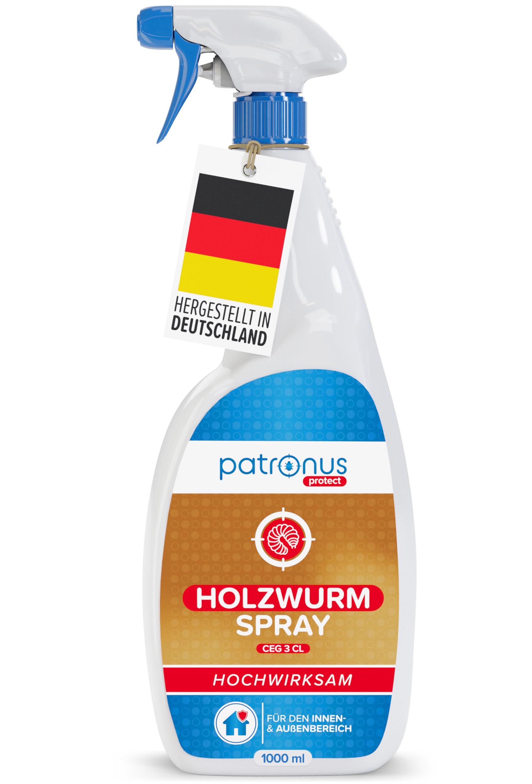 Patronus Holzwurm Spray [1000 ml] mit effektiver Sofortwirkung, starkes Abwehr-Mittel gegen Holzwürmer in Möbeln & Holz für innen & außen, hochwirksam & laborgeprüft - Zitrusduft