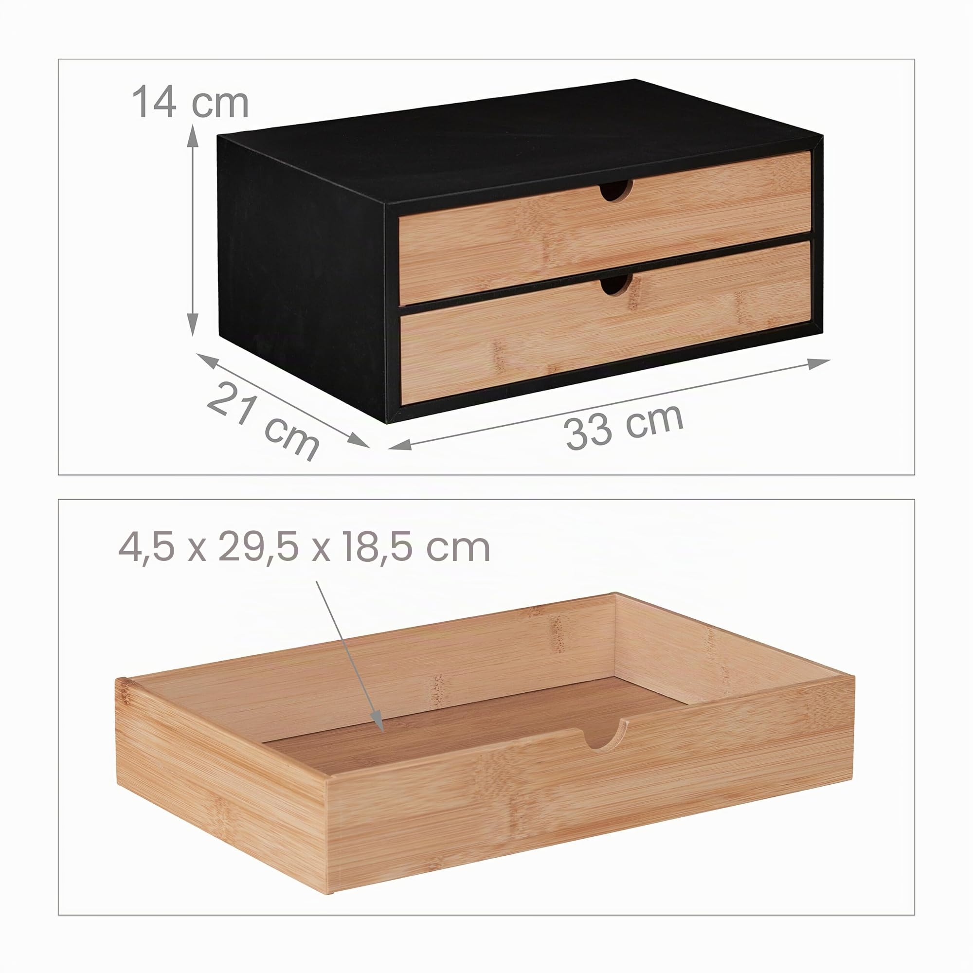 Relaxdays Organizer da Scrivania con 2 Cassetti in bambù e MDF, Cassettiera da Ufficio, HLP 14x33x21 cm, Naturale Nero