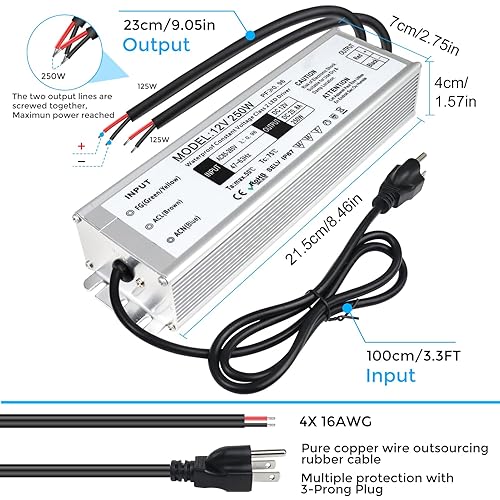 Miniatura 23 de LightningWill transformador impulsor de fuente de poder LED, impermeable, IP67, 110V CA a 12V DC con enchufe de 3 clavijas para uso externo