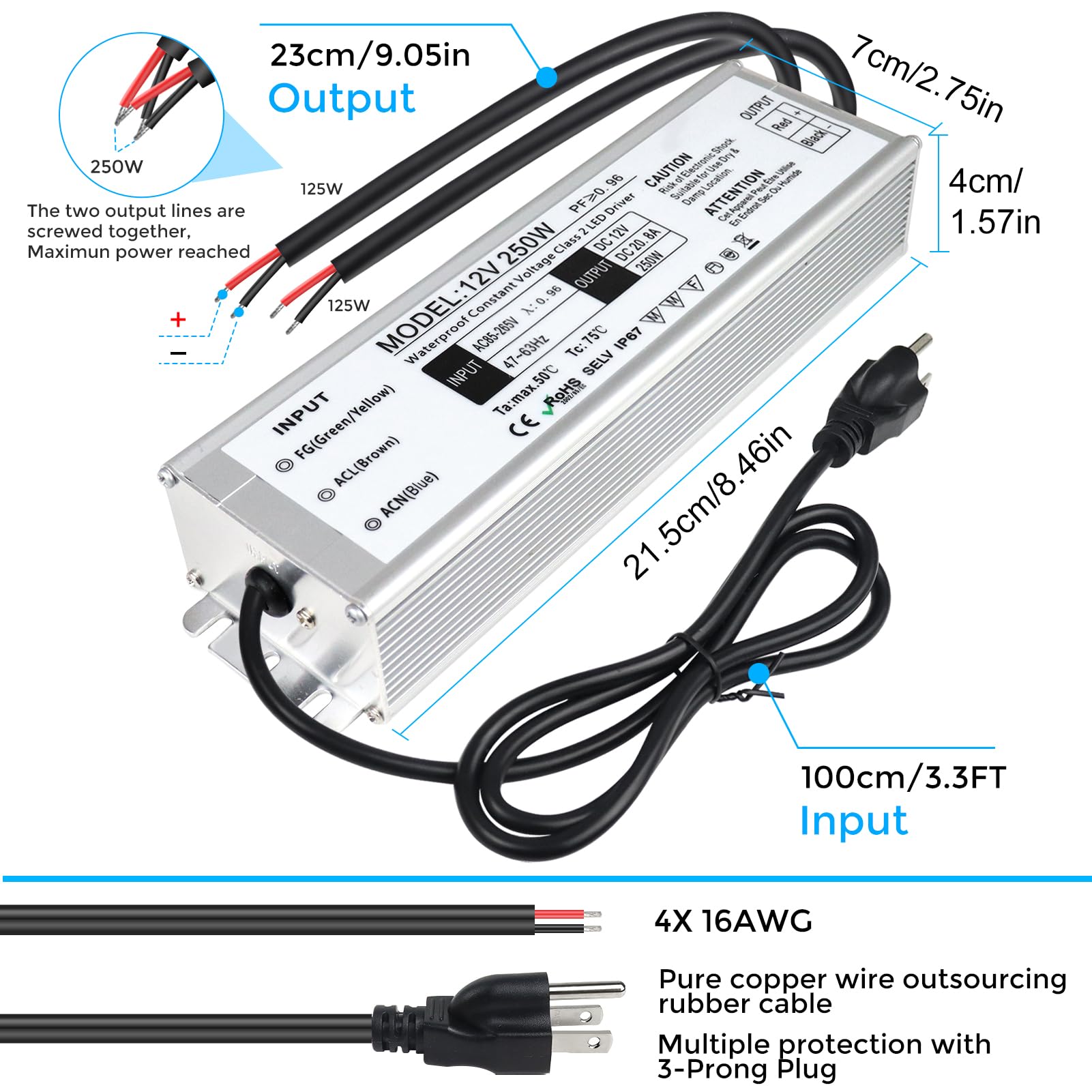 LightingWill Conducteur LED 250 W étanche IP67 convertisseur d'alimentation, 90-265 V CA à 12 V CC basse tension sortie, adaptateur de prise 3 broches pour projet informatique extérieur