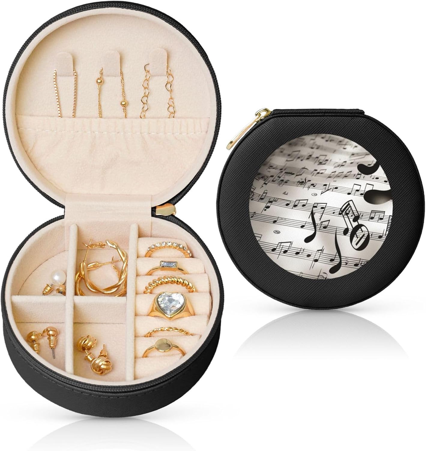 Travel Jewelry Box for Women Birthday Gifts, Music Notes Print Jewelry Case PU Leather Jewelry Organizer Small Round Display Storage Box for Rings Earrings Necklaces