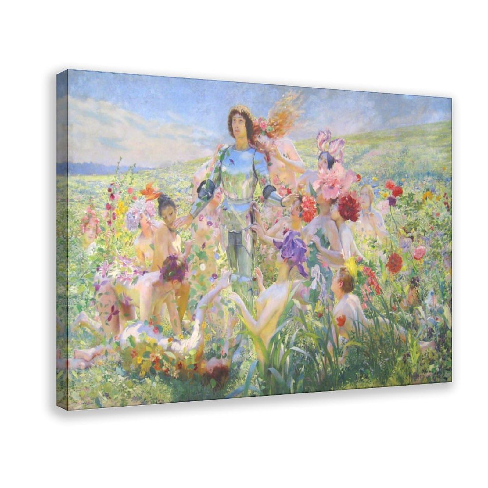 WCYB Georges Antoine Rochegrosse - Knight of The Flowers 1894 Posters Prints Canvas Deco Paintings Wall Art Hangable Frame 24" L X 36" W