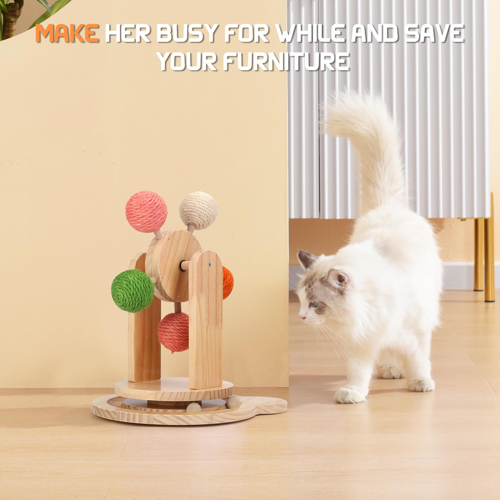 Roulettes pour chat d'intérieur, piste de balle 2 en 1 pour chat, jouet interactif à griffer pour chat, balle griffoir pour chat, base en bois massif