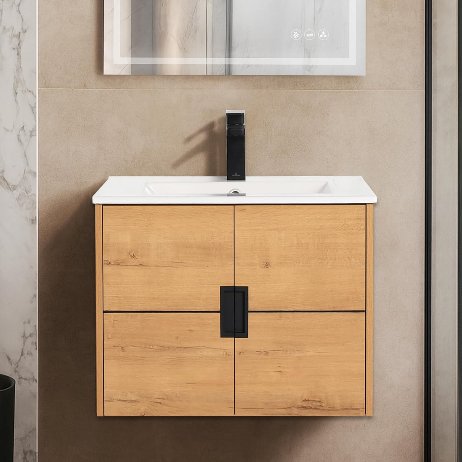 Blossom 24 Inch Floating Bathroom Vanity with Sink - Heavy Duty Multi-Layer Plywood - Wall Mounted Bathroom Sink Cabinet - Modern Space Saving Design with Soft Close Doors - Classic Oak