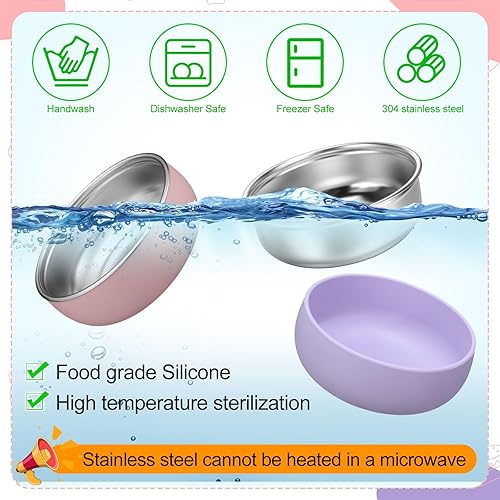 Vista 18 de Nuogo 6 cuencos de acero inoxidable 304 para bebés con carcasa de silicona extraíble para niños pequeños, recipiente antiquemaduras para Color suave