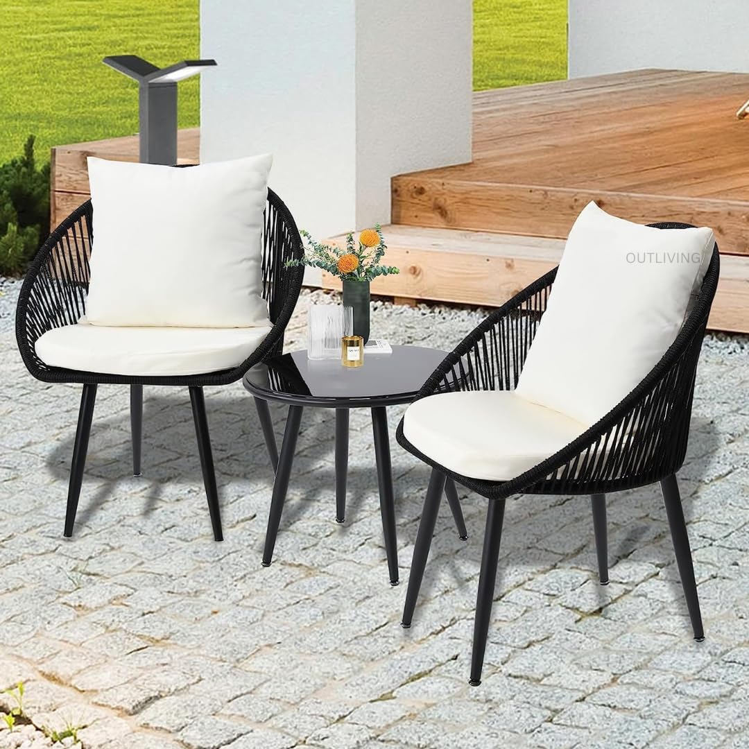 OUTLIVING Braid Rope Patio 2 Seater Chairs & Table Set Outdoor Garden Furniture Set for Home (Black + White)