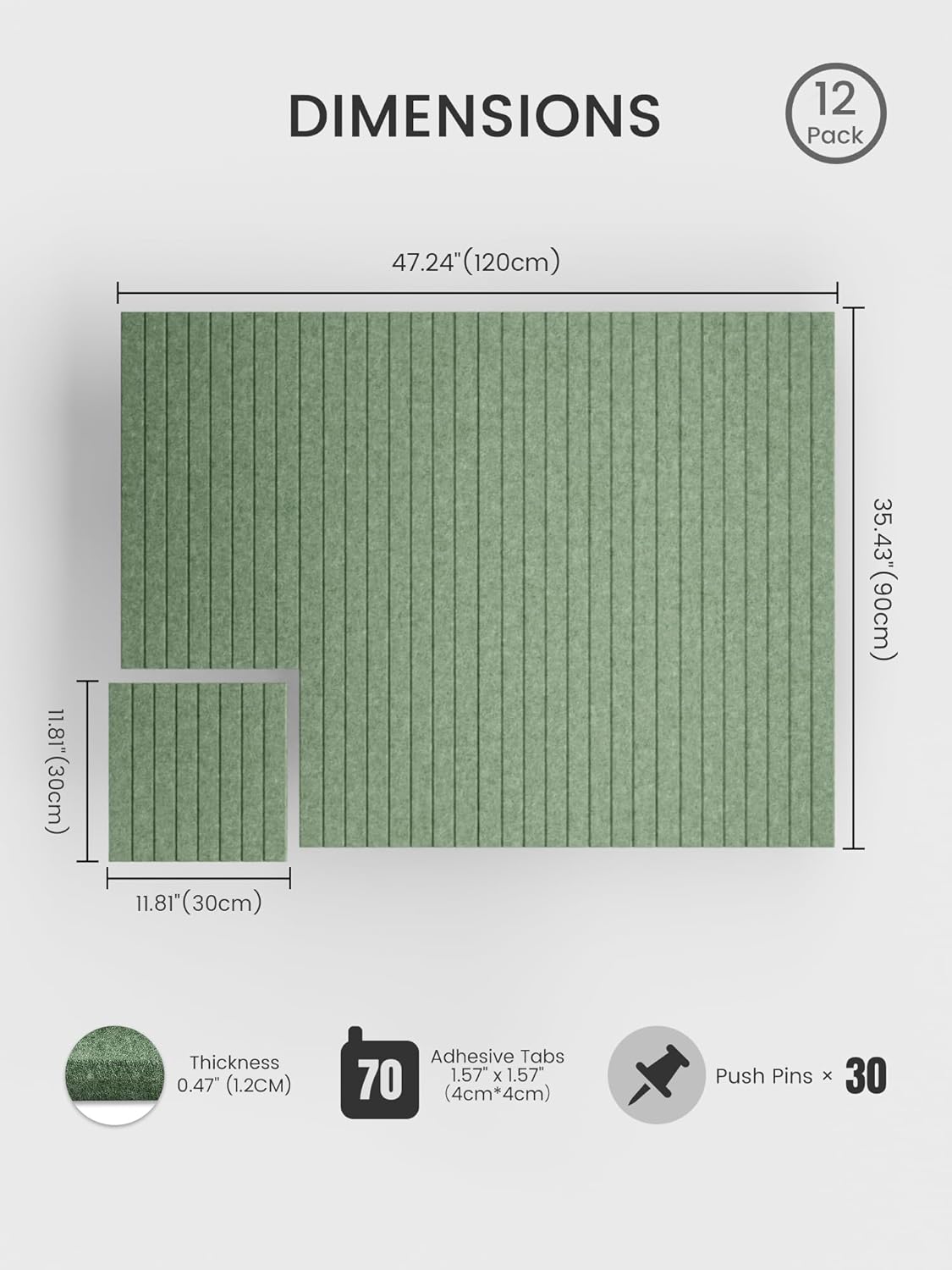 Bumusty Large Cork Board Alternative-48 x 36" Felt Bulletin Board Tiles, with 30 Pushpins, 70 Adhesive Tabs, 12-Pack Slat Wall Paneling, Cork Boards for Office Push Pin Board Felt Board-Moss Green