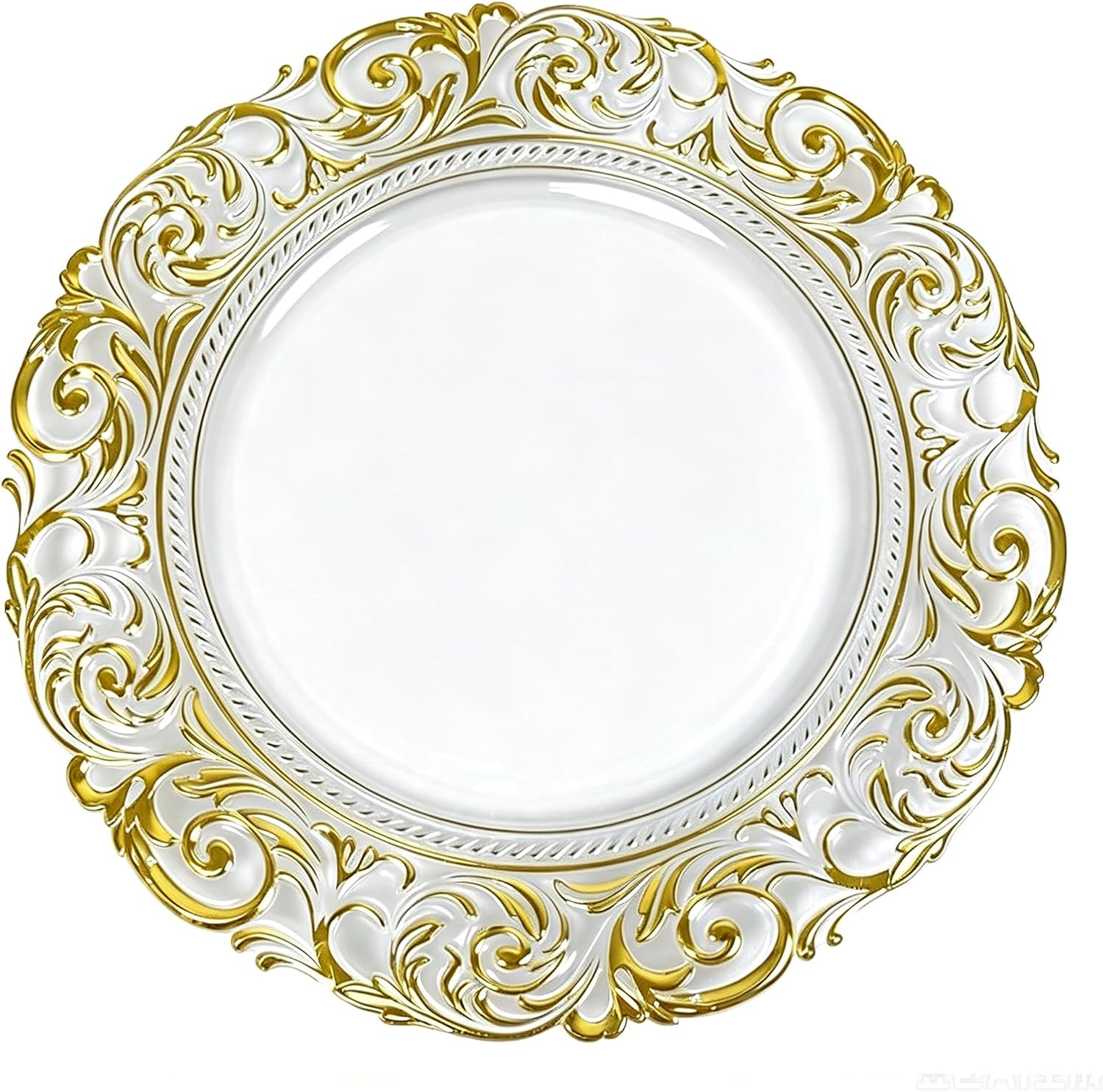 13" Clear Charger Plates Set of 6 Gold Rim Plastic Dinner Charger Plates with Embossed Floral for Wedding Party