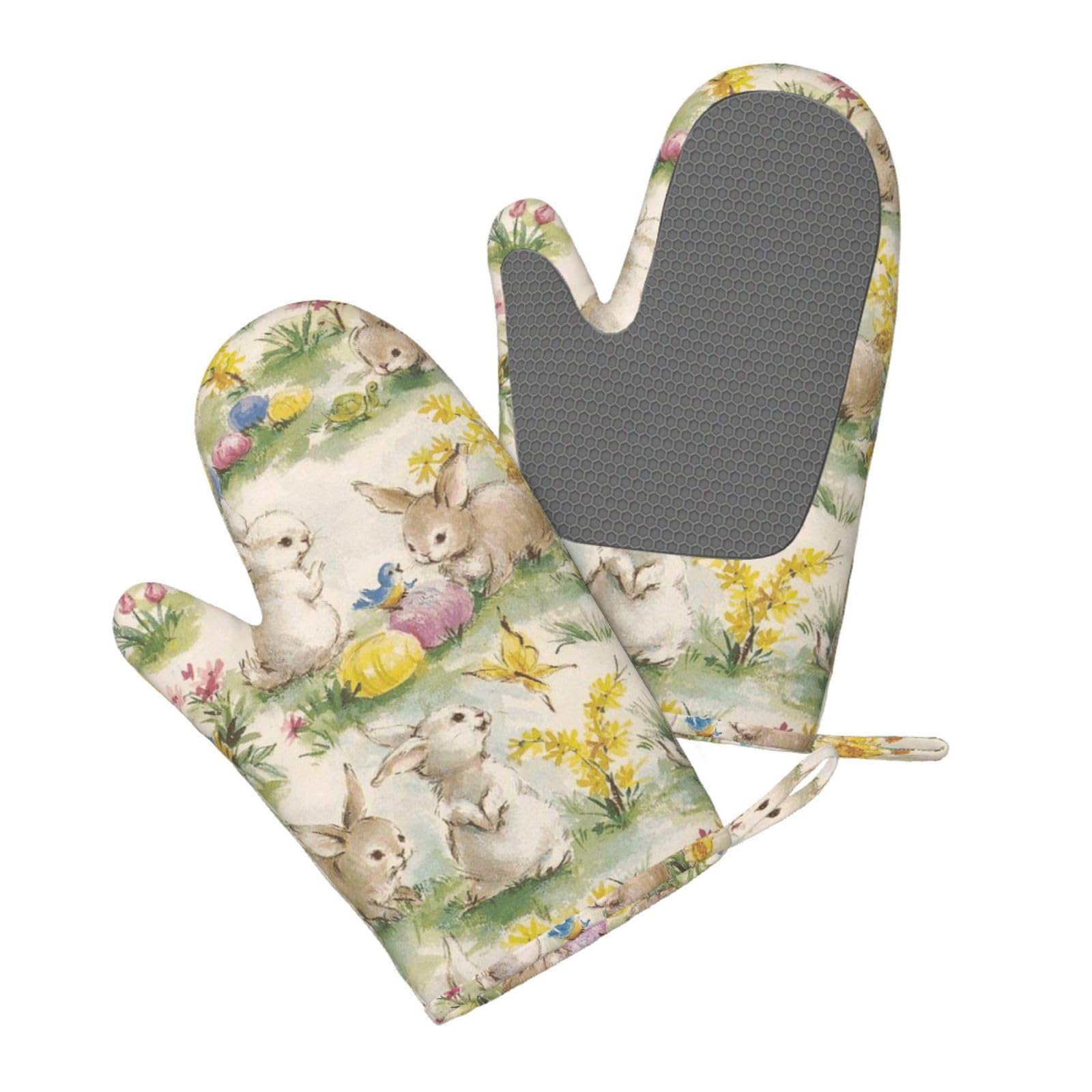 Aqrjlpo Women's Flower Rabbit Bunny Silicone Oven Mitts Set 2Pcs, Printed Heat Resistant Non-Slip Silicone Oven Gloves For Kitchen Cooking Baking Microwave
