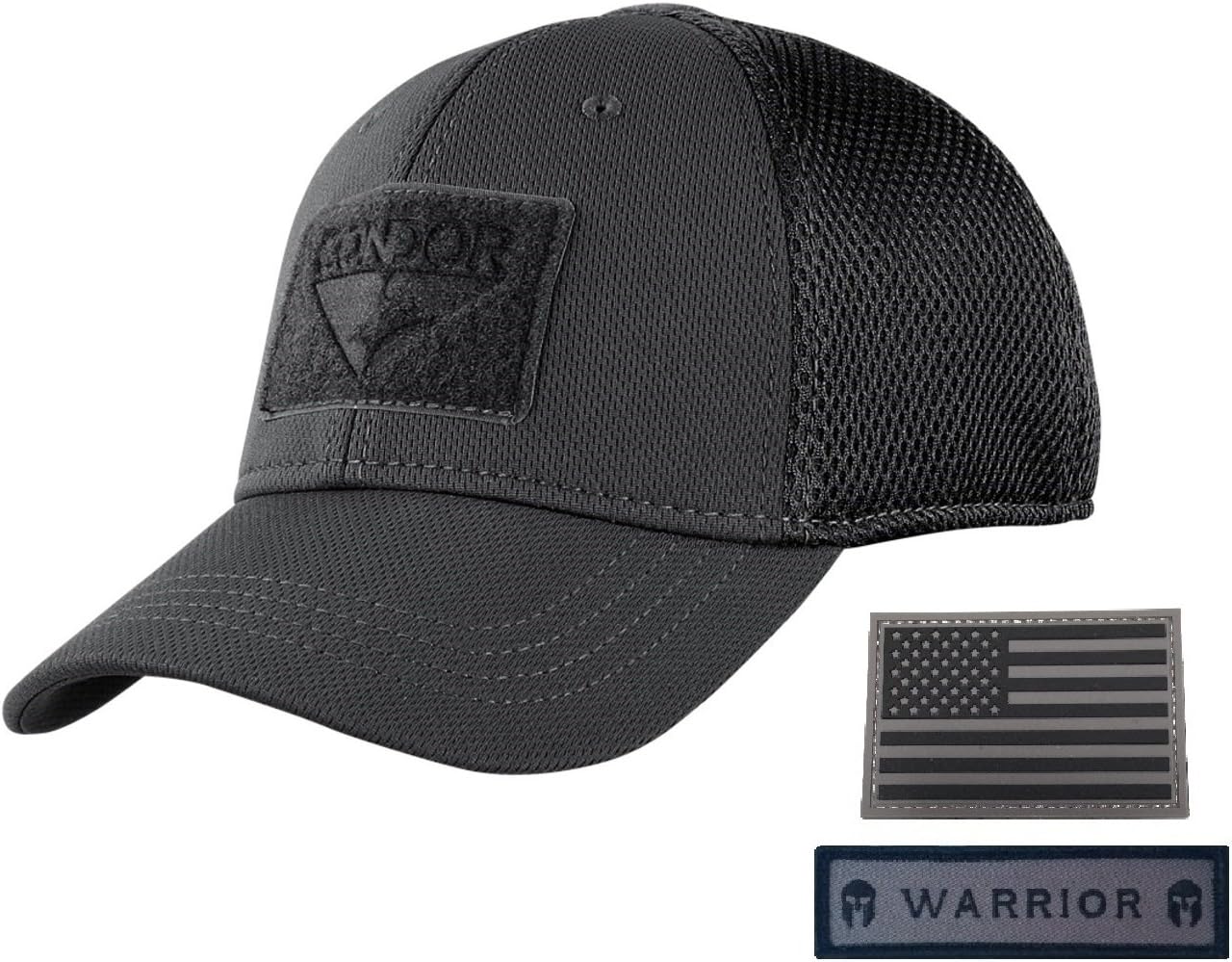 Condor Flex Mesh Cap, BLACK - Flag & Warrior Patch, Black, Size Small/Medium