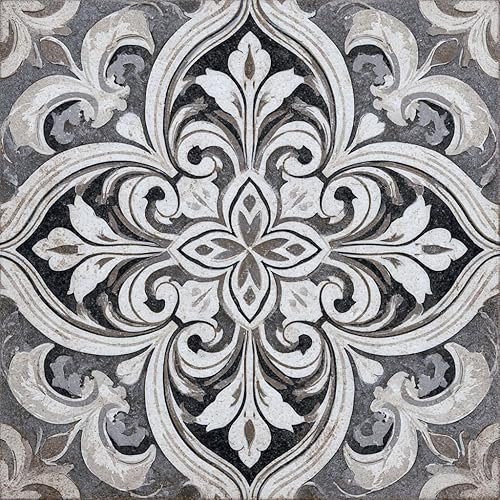 Miniatura 14 de 10 piezas de baldosas autoadhesivas de 12x12 pulgadas en negro y blanco, baldosas de vinilo de despegar y pegar estilo retro barroco floral para