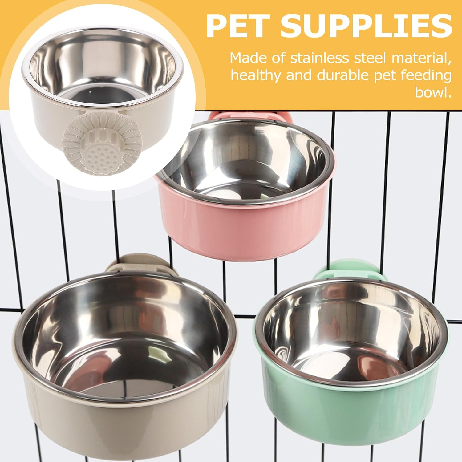 POPETPOP Dog Crate Water Bowl No Spill : Removable Stainless Steel Dog Bowl Hanging Pet Food Dish for Puppy Cat Rabbit, Easy to Clean(Grey, 5.31 X 5.31 X 2.36 Inches)