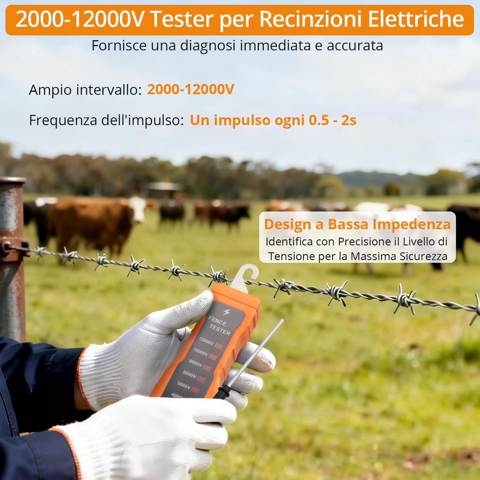 Neoteck Tester per Recinzione Elettrica 2K-12KV con 8 Spie Neon Tester Recinto Elettrico Senza Batteria in ABS per Controllo Tensione da 2000V a 12000V su Fili e Nastri per Allevamenti, Fattoria