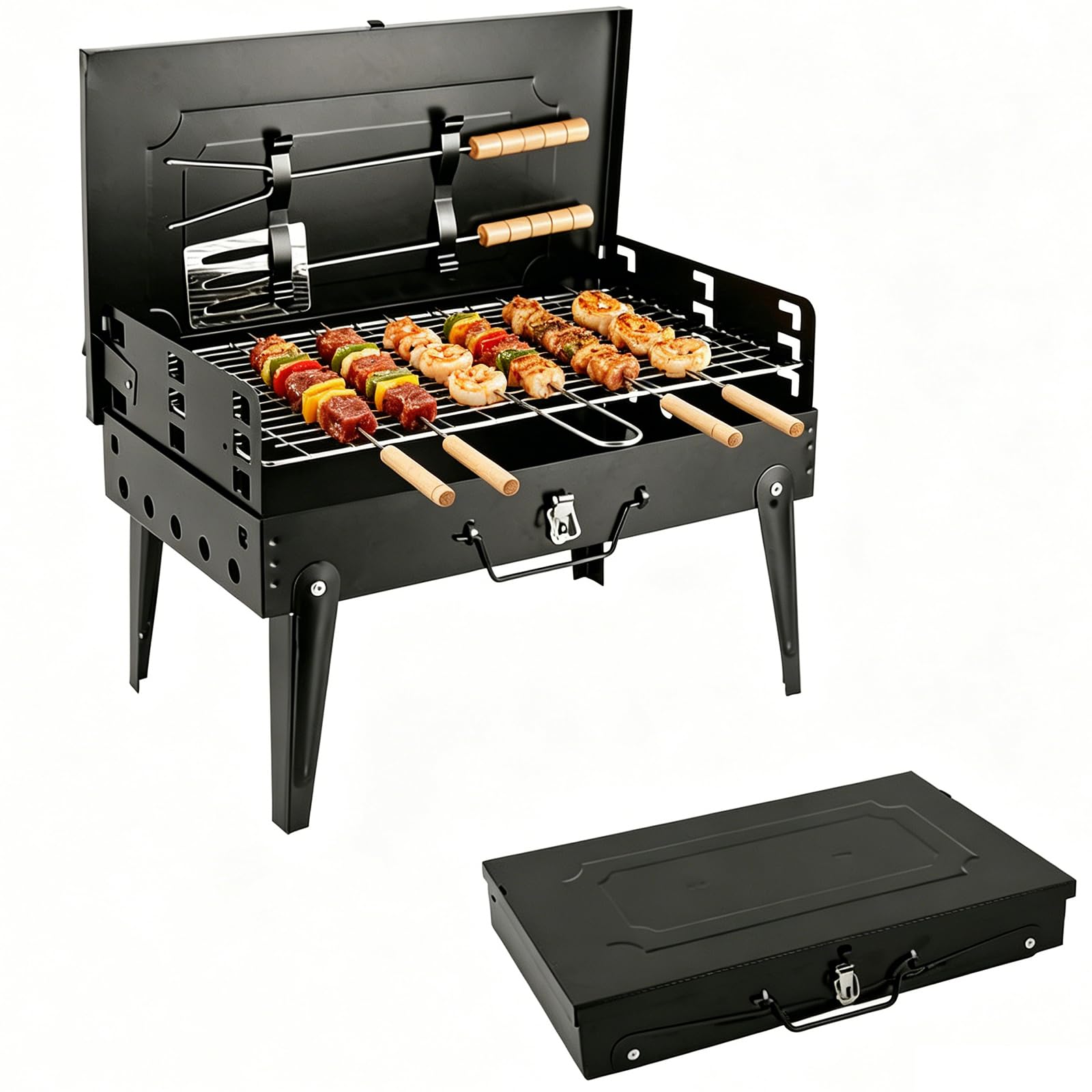 Barbecue Charbon de Bois Pliable Portable avec 3 Niveaux Réglables, BBQ Compact pour Jardin et Camping