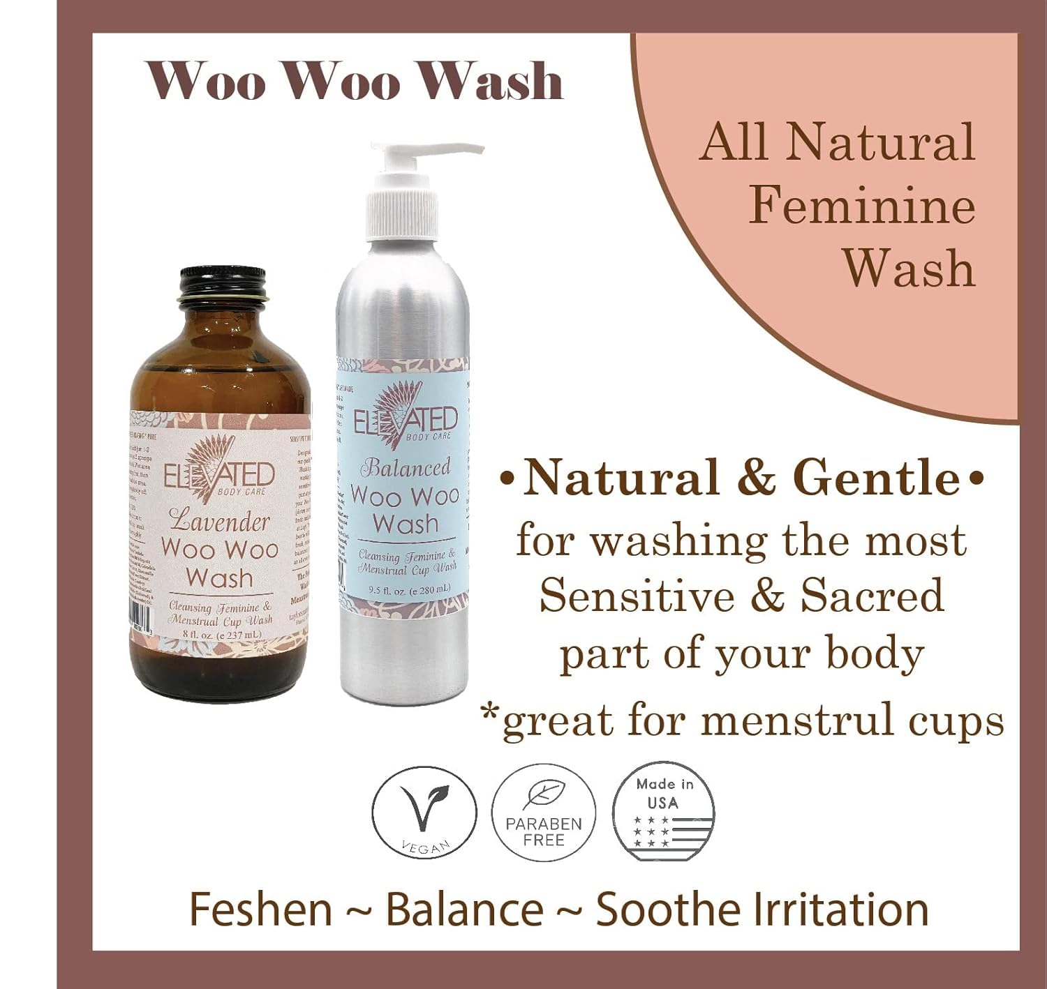 Natural Feminine Wash For Women - Woo Woo Wash Gentle Herbal Infused Intimate Care - Daily or Postpartum - Plant Based Vegan Vaginal Wash in Glass Bottle (Lavender, No Pump)