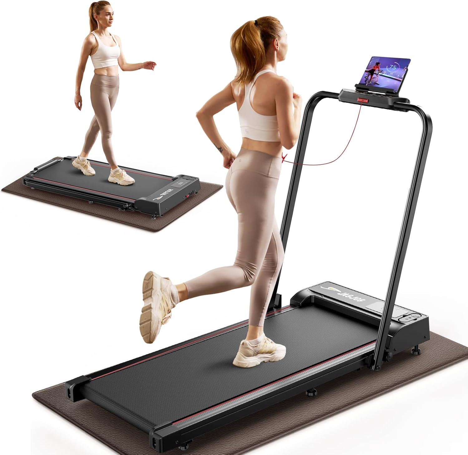 Walking Pad with Handle Bar, 2 in 1 6.2MPH Under Desk Treadmills with Gym Mat, 2.5 HP Folding Treadmill with Remote & Touch Control for Home Office, 265 LBS Capability