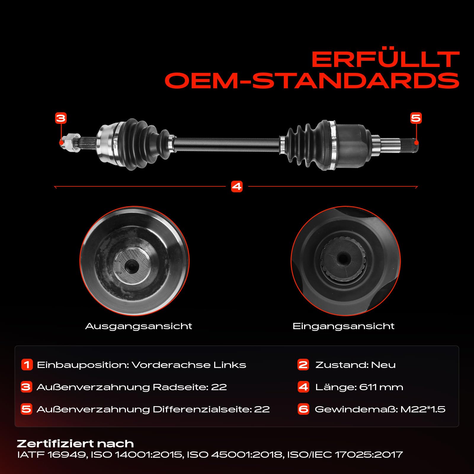 Frankberg Eje motriz Eje de transmisión Caja de cambios manual Eje delantero Izquierda Compatible con Punto 188 1.2L 1.4L 1999-2012 Punto Combi/Hatckback 188 1.2L 2000-2009 Replace# 46307565
