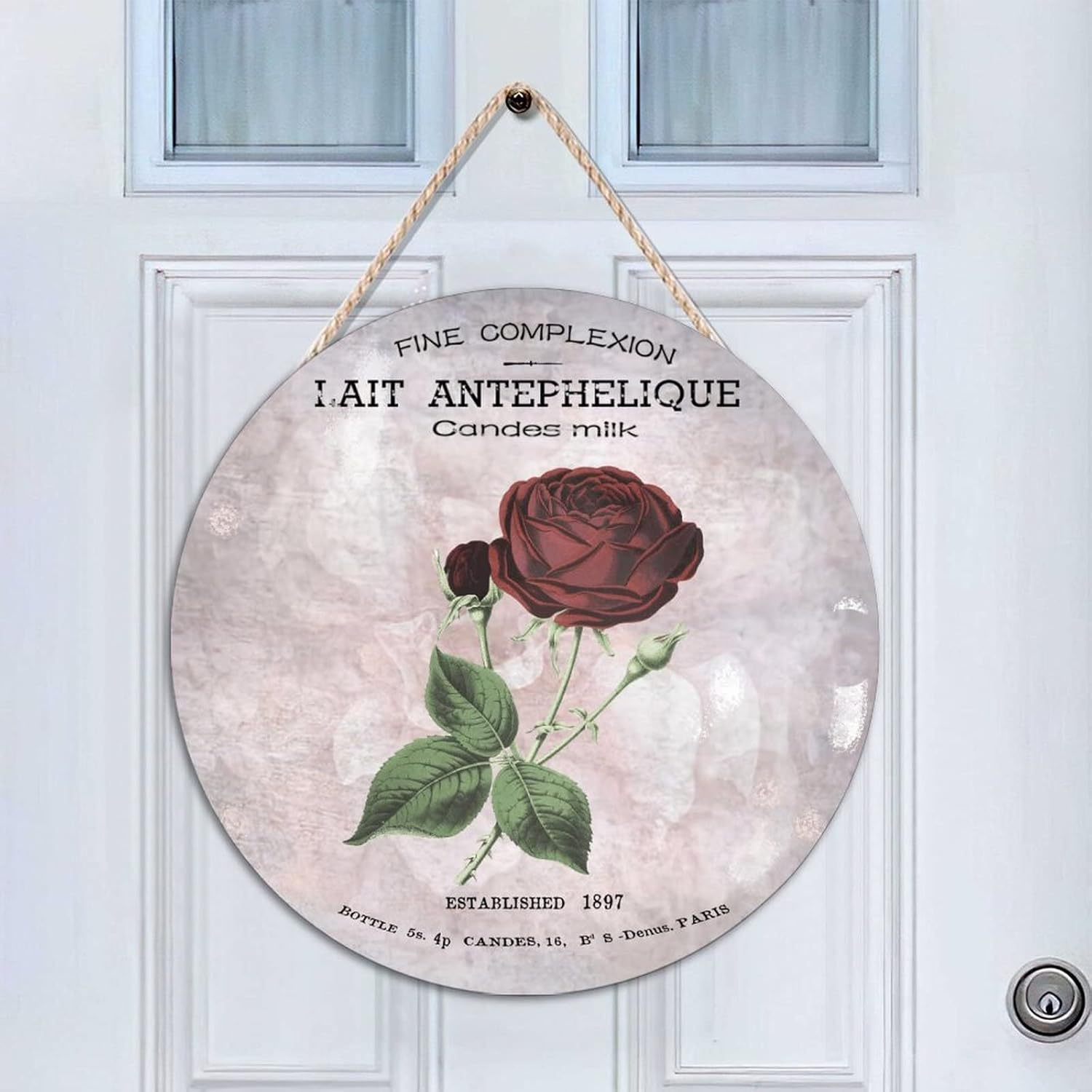 French Vintage Flower Wood Door Sign Retro Round Door Hanger Sign 16x16in Rose Wall Hanging Sign Plaque Farmhouse Front Porch Decor Housewarming Gifts