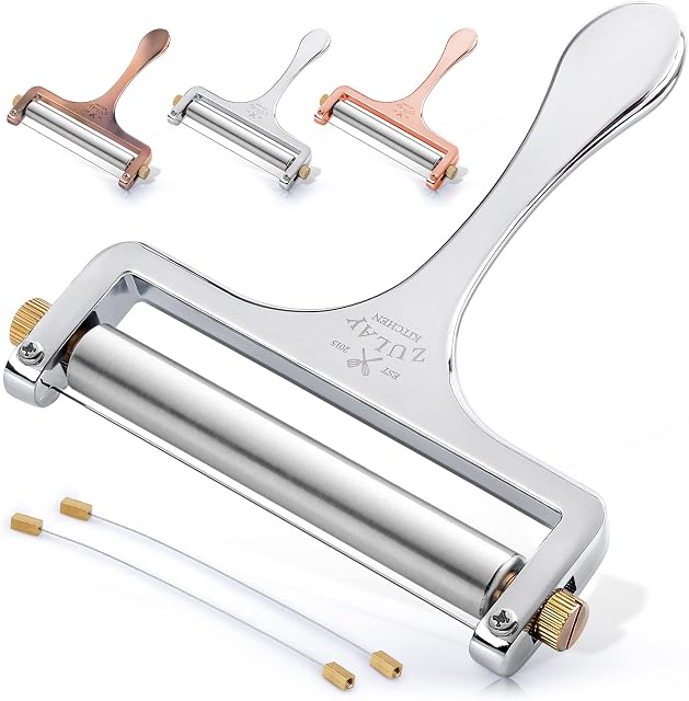 Zulay Cheese Slicer with Adjustable Thickness - Heavy Duty Stainless Steel Cheese Slicers with Wire - Premium Wire Cheese Slicer for Soft & Semi-Hard Cheeses - 2 Extra Wires Included (Silver)