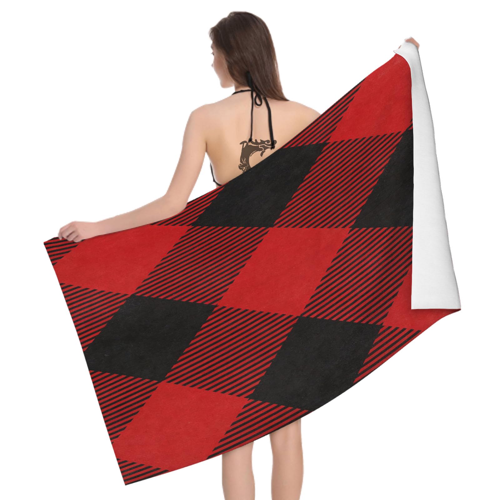 Leichong 3D Red Black Plaid Beach Towel Microfiber Soft Quick Dry for Adults, Minimalistic Bath Towel Lightweight Soft Absorbent for Travel Swimming Pool Sports, 75 x 150 cm