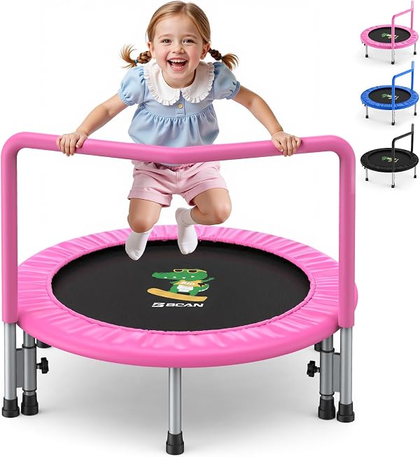 BCAN SP1 36'' Toddler Trampoline, ASTM Certified - Kids Trampoline for Ages 1-6, Foam Handle & Safe Thickened Cover, Mini Trampolines for Kids Indoor, Easy to Assemble| FED Fitness, Pink