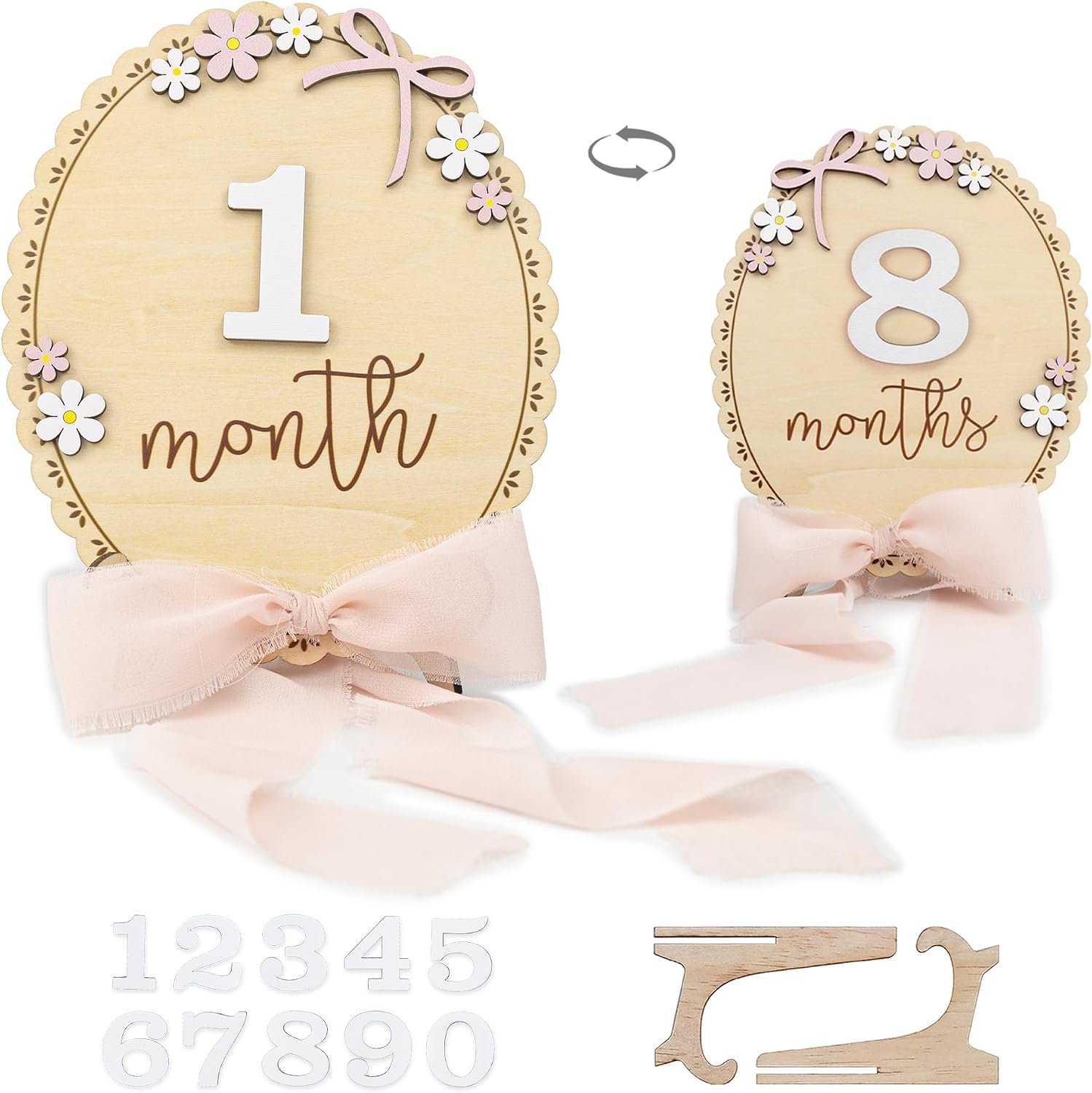 Baby Monthly Milestone Wooden Sign with Numbers, Natural Wood Milestone Board for Newborn Monthly Growth Photos, Cute 3D Flowers Photo Prop for Baby Milestone Memories (Pink Ribbon)