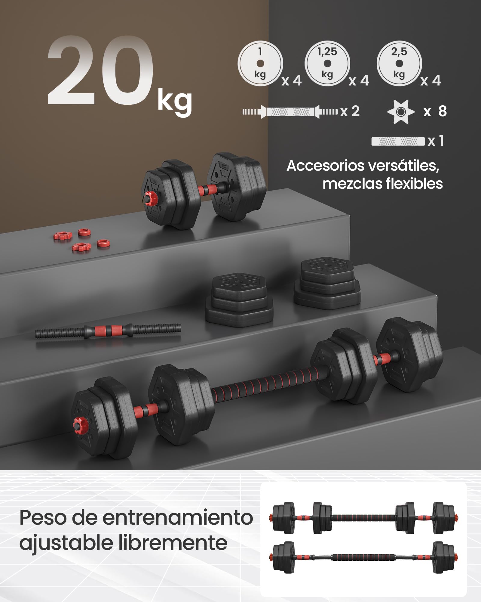 SONGMICS Juego de Mancuernas 10/20/30 kg, Mancuerna Ajustable, Peso Hexagonal para Entrenamiento, Fitness, Levantamiento en Casa, Gimnasio