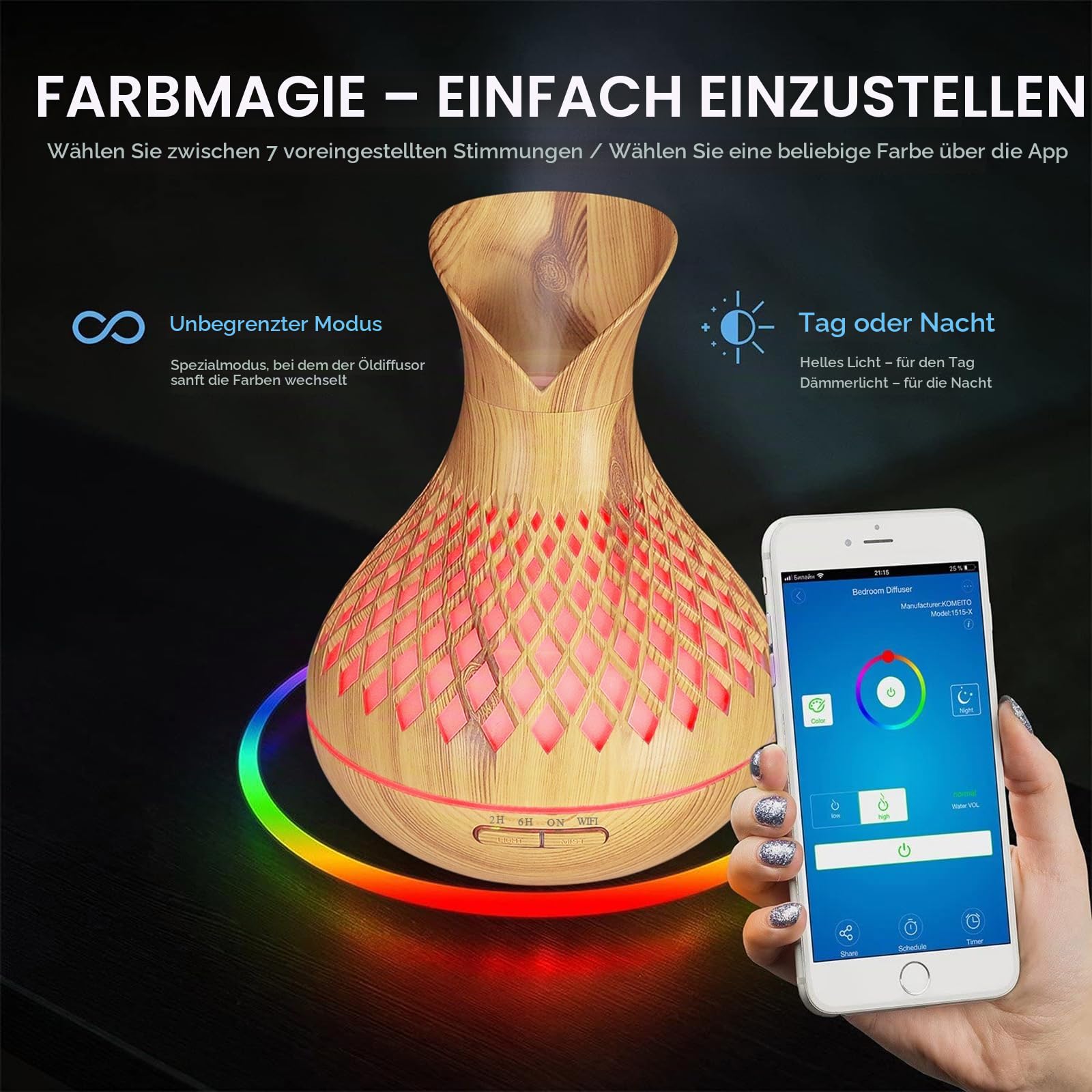 Smart Alexa Aroma Diffuser für Ätherische Öle, 500ml WiFi Duftöl Diffuser Luftbefeuchter, Kompatibel Alexa/Google Home und App Kontrolle, 7 Farb-LED, Zeitpläne Erstellen und Timer, Auto-Off