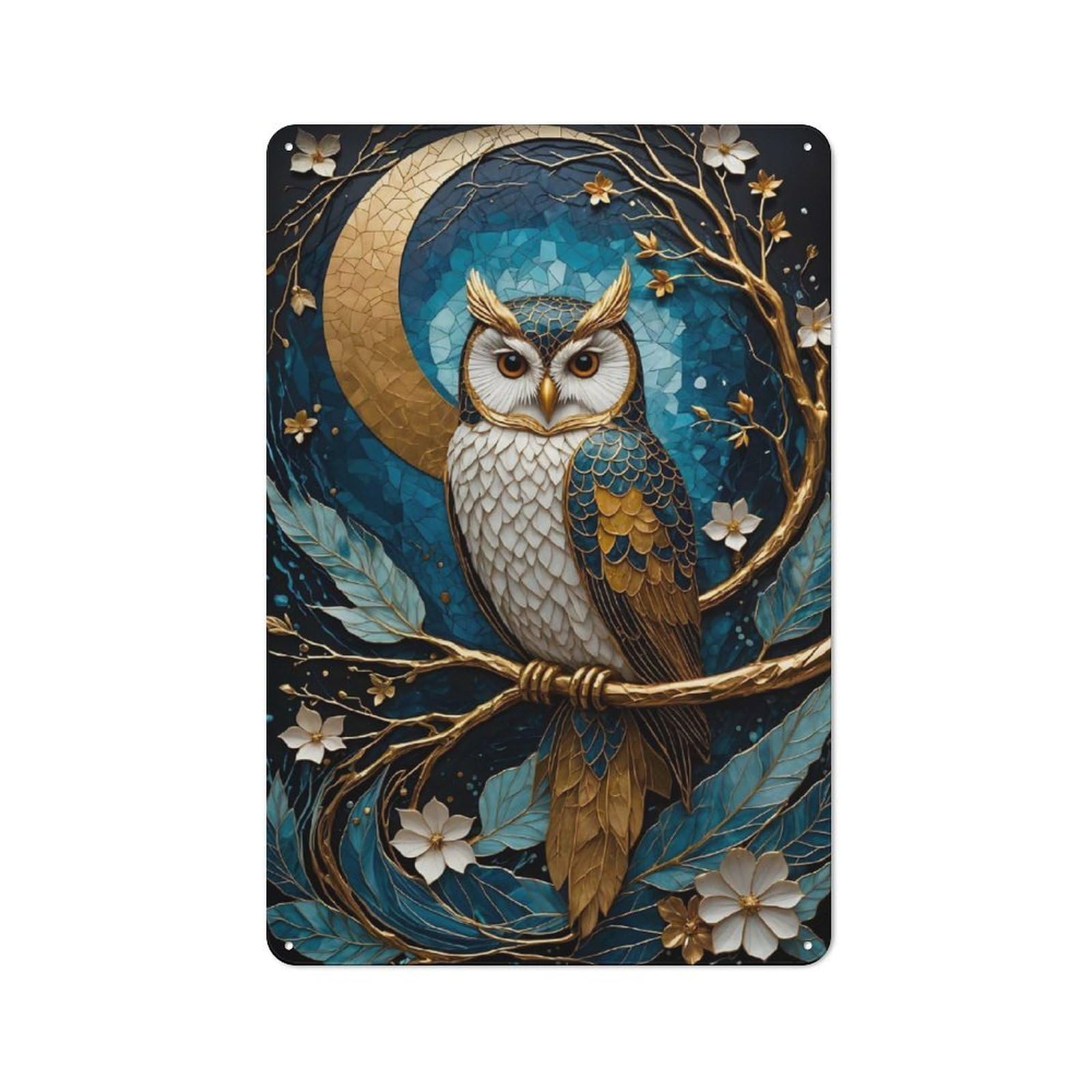 Junmoney Golden Owl Kintsugi Tin Wall Plaque 30X20cm With For Garage Or Workshop, For An Autumn Wall Display In Garage And Workshop