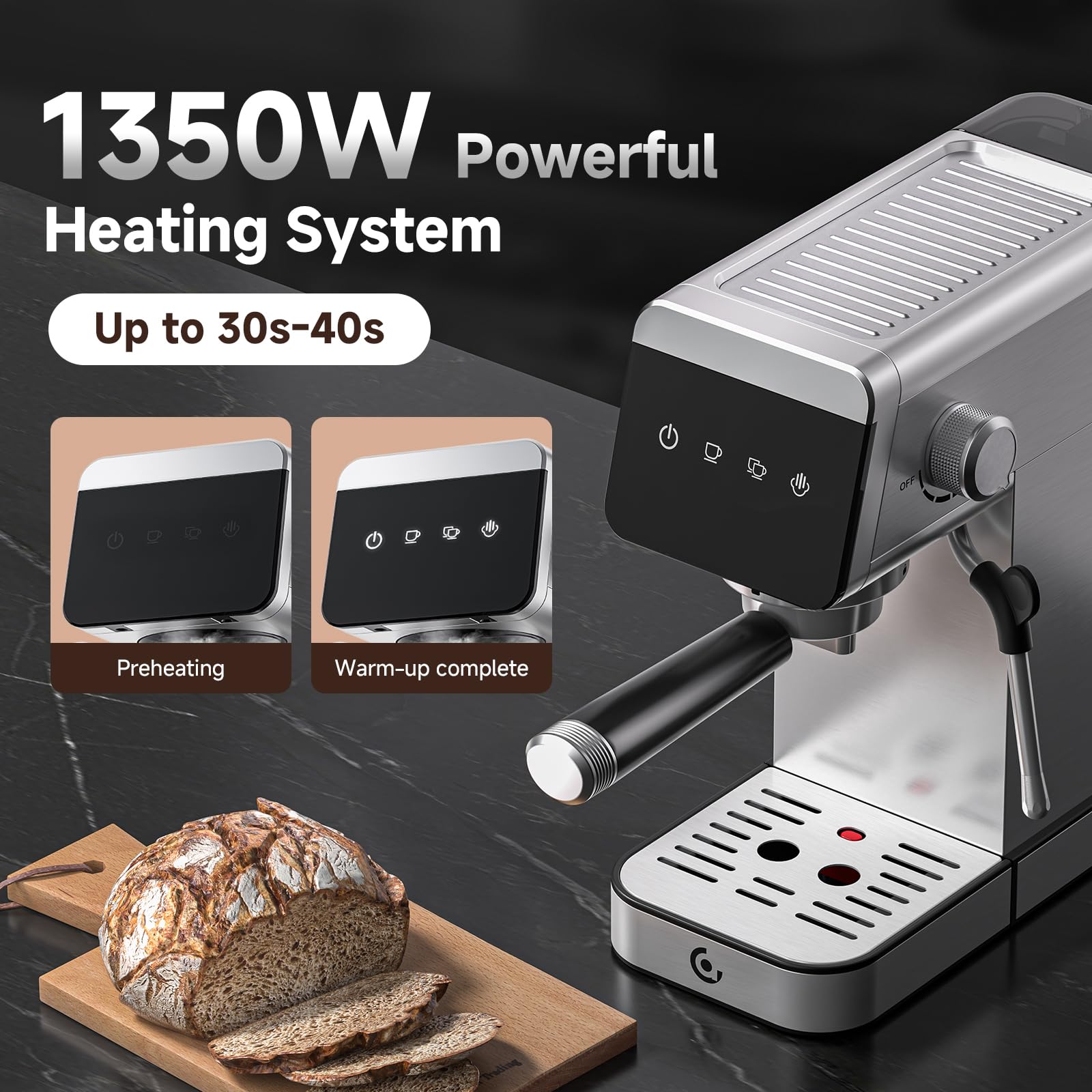 AMZCHEF Cafetera Espresso de 20 Bares con Pantalla LED Cafetera Todo en Uno con Depósito Extraíble de 1,2 Litros para Regalos del Hogar Cafetera Latte Compacta de Acero Inoxidable, 1350W