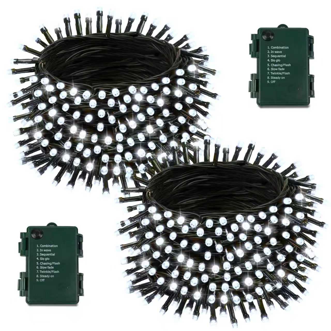 2 unidades de 200 luces LED de 66 pies impermeables con batería parpadeante (blanco frío)