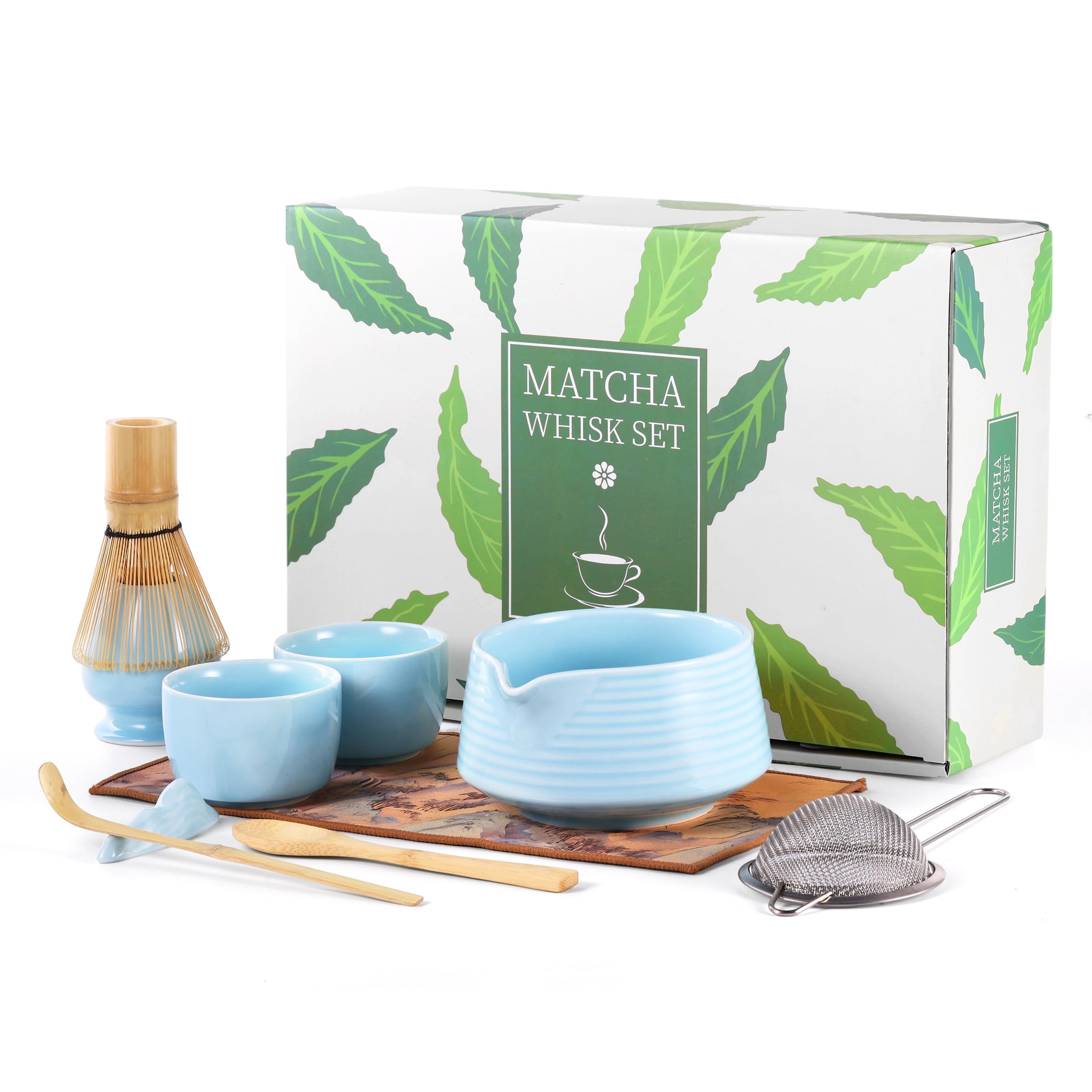 HELPLX - Set di fruste Matcha giapponesi, 10 pezzi, con ciotola, frusta e supporto, 2 tazze da tè, paletta in bambù, cucchiaio, setaccio, poggia paletta e strofinaccio, set da tè matcha blu per