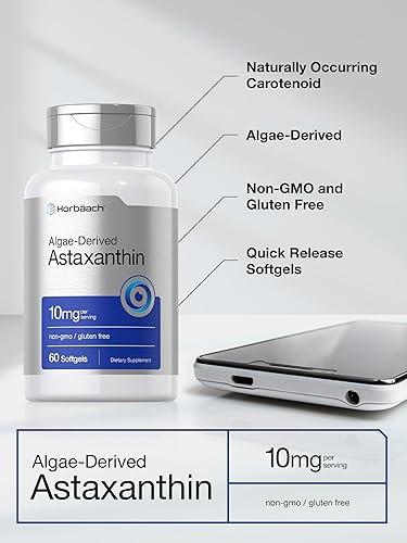 Miniatura 4 de Horbäach Astaxantina 10mg | 60 cápsulas blandas | Fórmula derivada de algas | Suplemento sin OMG, sin gluten
