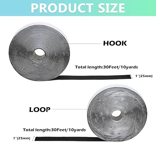 Miniatura 3 de Cinta de gancho y bucle de 30 pies x 1 pulgada, cinta adhesiva de nailon resistente con adhesivo para escuela, hogar y exteriores (negro, 1 pulgada)